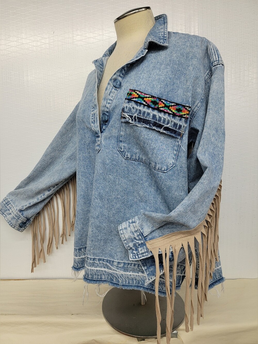 Western Denim Fringe Pullover Tunic Shirt Jacket with Western Cat - Upcycled - Picture 2 of 10